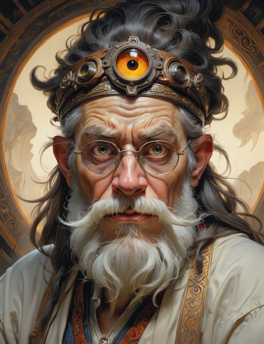 high fantasy world,  wild eyed wizard wearing half-rim spectacles,  looking intently at the viewer by Crystalballmech on T...
