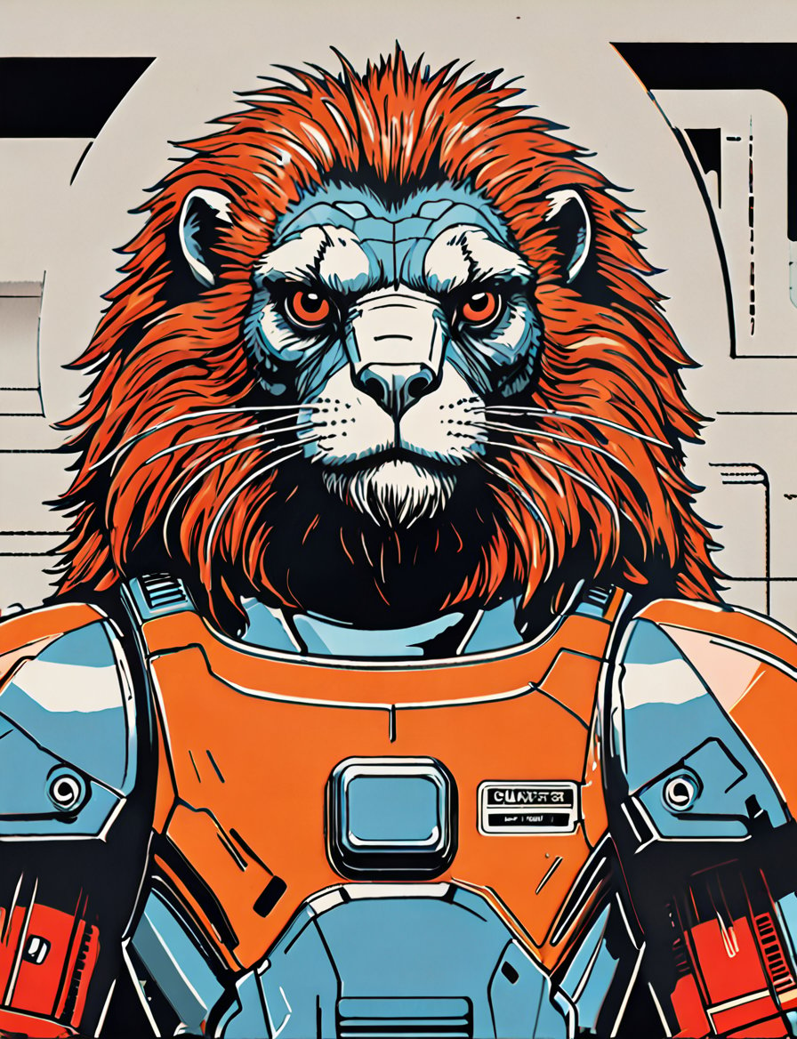 (close up, head and shoulders portrait:1.5), An extremely detailed 1970s retro-future anthropomorphic (marmot :1.2) (manticore :1.4) robot, centered, (strong outline sketch style:1.5), (flat silkscreen art style:1.9), solid dark background, (red, orange, sapphire, black and white tones), masterpiece, epic, by pascal blanche rutkowski repin artstation painting concept art of detailed character design matte painting, 4 k resolution blade runner, dark muted background, detailed, comic book,dcas_lora