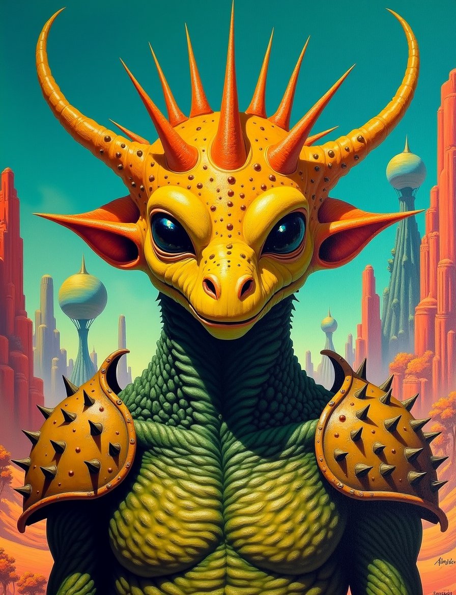 1950s retro sci-fi painting of a head and shoulders portrait,  a anthropomorphic scaled warrior ,  wearing armor with intr...