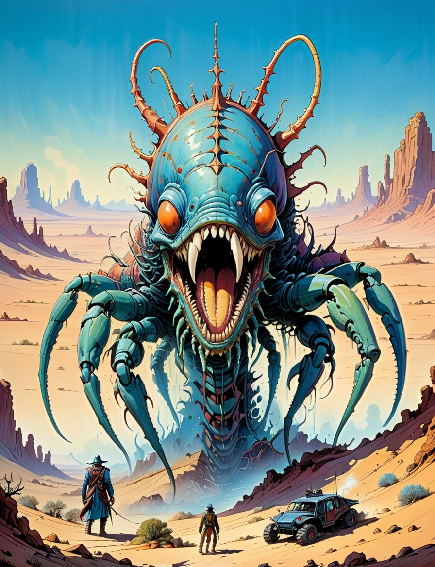 1980s style fantasy.oil painting.barren desert.dynamic action scene. a large centipede monster ,  the monster stands on mu...