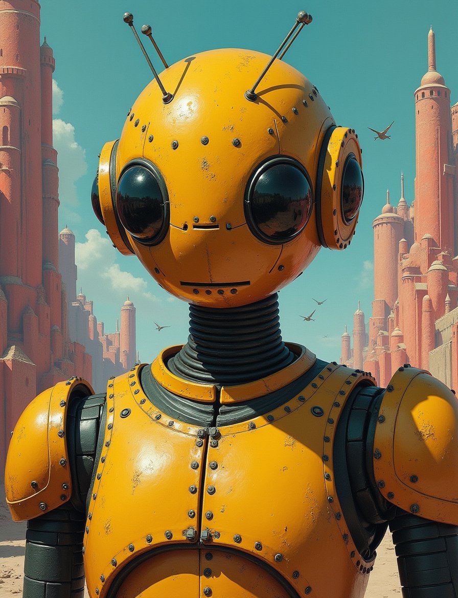 1950s retro sci-fi painting of a head and shoulders portrait,  male ,  a anthropomorphic bug robot spherical bounty hunter...