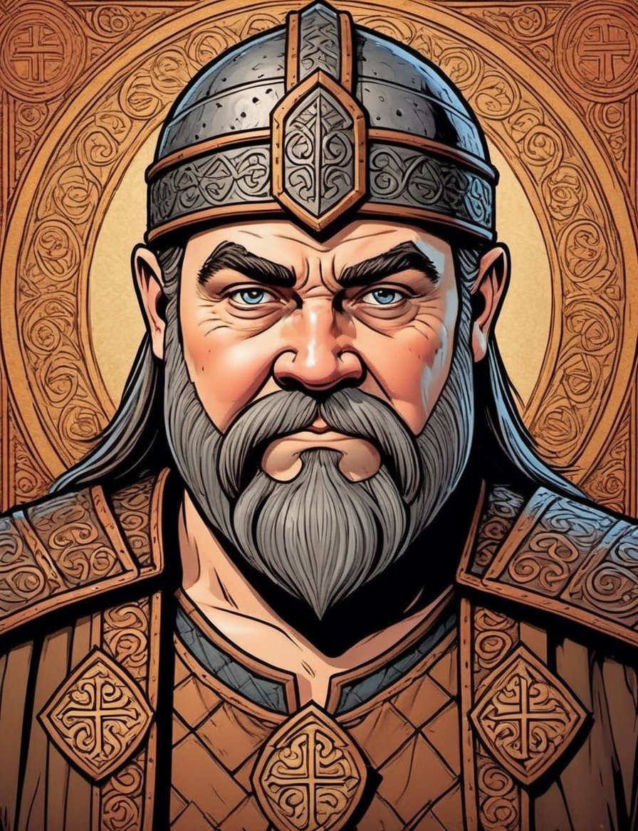 head and shoulders comic portrait of gimli the dwarf wearing leather armor with magic runes,  ,  inspired by Jesús Mari La...