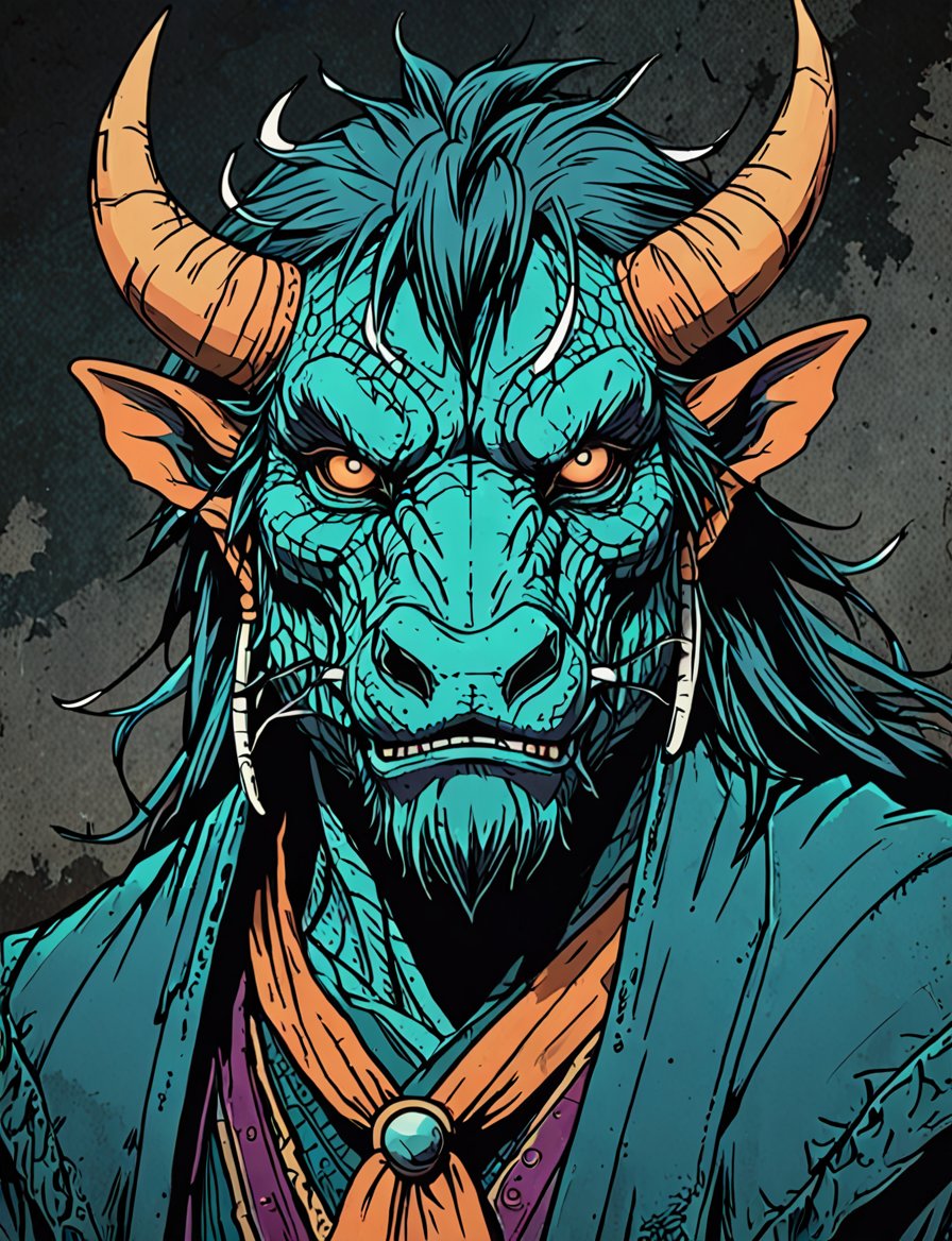 (close up, head and shoulders portrait:1.5), orange, teal, blue, violet gradient , (anthromorphic dragon bison :1.5), samurai, wearing samurai armor, (strong outline sketch style:1.5), symmetrical features, gritty fantasy, (darkest dungeon art style :1.4), dark muted background, detailed,one_piece_wano_style,Dark Manga of