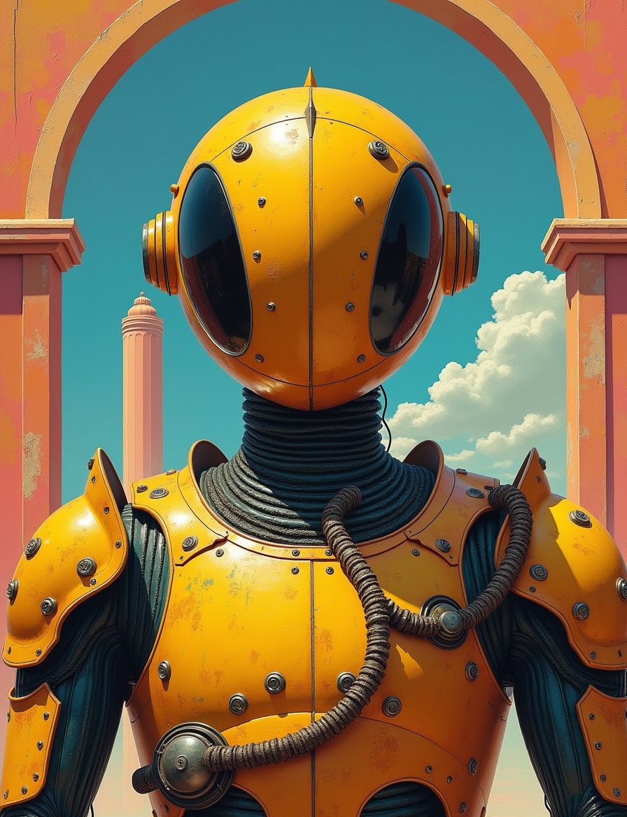 1950s retro sci-fi painting of a head and shoulders portrait,  male ,  a anthropomorphic spherical robot big warrior by Cr...