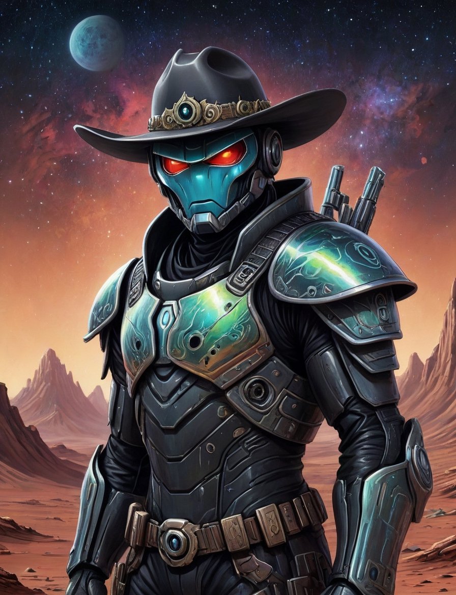 Close up,  head and shoulders portrait,  space cowboy alien guardian gunslinger in futuristic iridescent and black armor o...