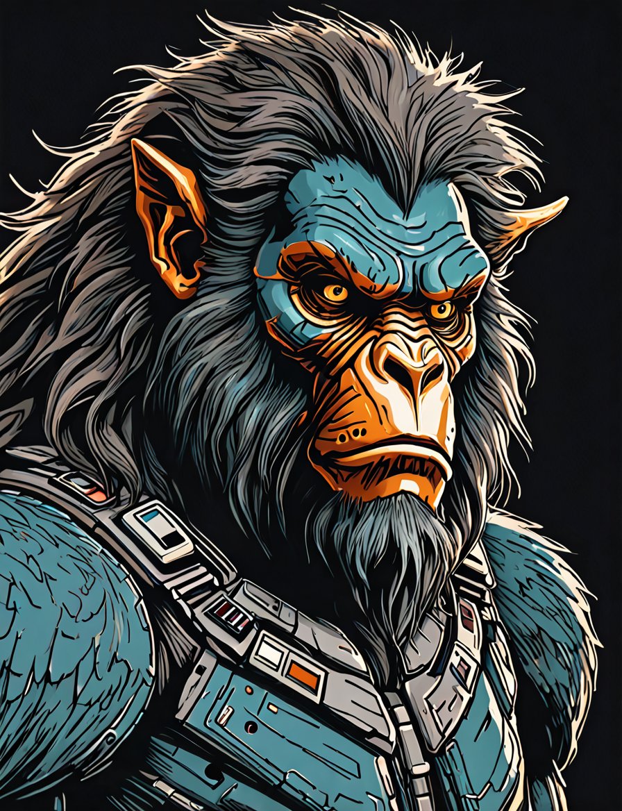 (close up, head and shoulders portrait:1.5), An extremely detailed 1970s retro-future anthropomorphic (Sasquatch :1.2) (manticore :1.4) robot, centered, (strong outline sketch style:1.5), (flat silkscreen art style:1.9), (solid dark background:1.2), (retro color scheme), masterpiece, epic, by pascal blanche rutkowski repin artstation painting concept art of detailed character design matte painting, 4 k resolution blade runner, dark muted background, detailed, comic book,dcas_lora