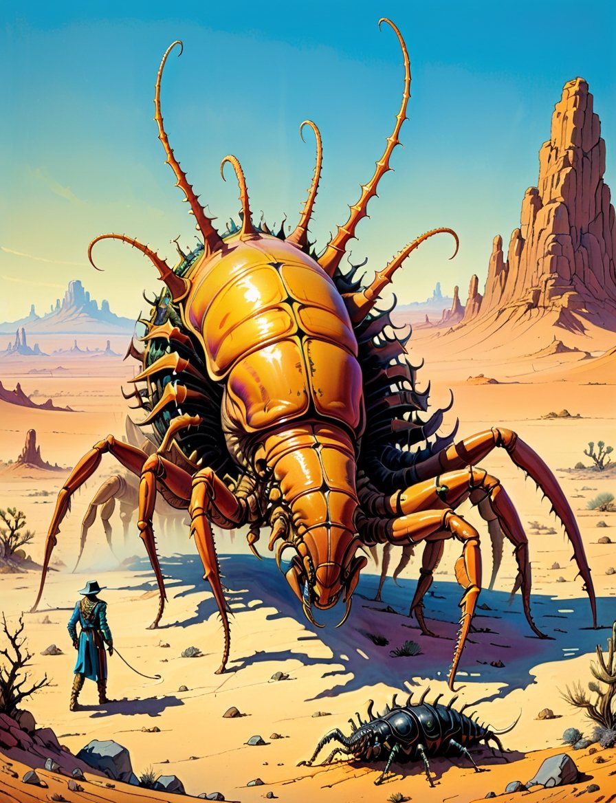 1980s style fantasy.oil painting.barren desert.dynamic action scene. a large centipede monster ,  the monster stands on mu...