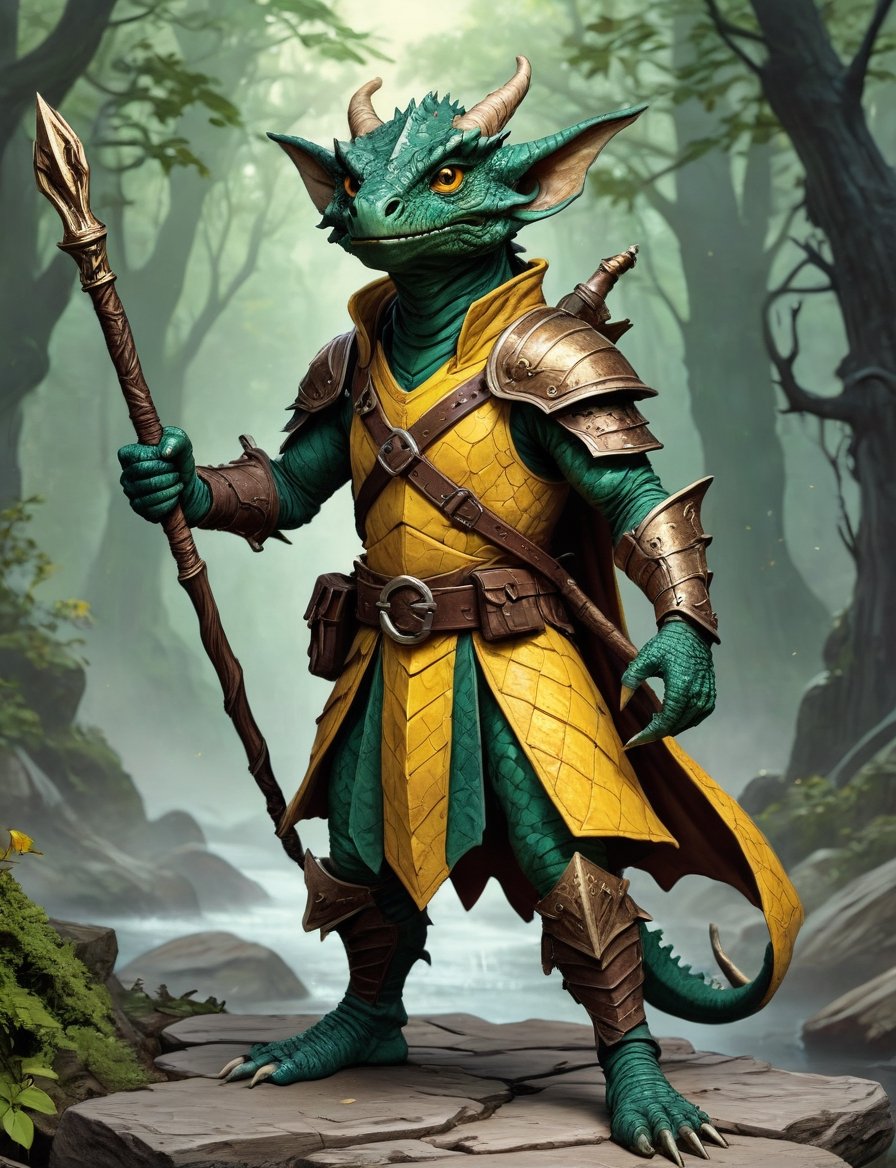 Kobold Dragonborn small wizard character with yellow scales,  holding a straight wooden quarterstaff,  sorcerer by Crystal...