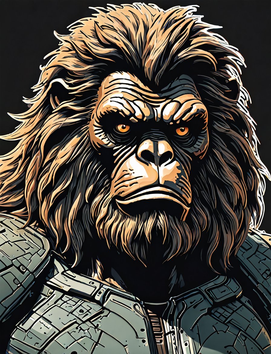 (close up, head and shoulders portrait:1.5), An extremely detailed 1970s retro-future anthropomorphic (Sasquatch :1.2) (manticore :1.4) robot, centered, (strong outline sketch style:1.5), (flat silkscreen art style:1.9), (solid dark background:1.2), (retro color scheme), masterpiece, epic, by pascal blanche rutkowski repin artstation painting concept art of detailed character design matte painting, 4 k resolution blade runner, dark muted background, detailed, comic book,dcas_lora