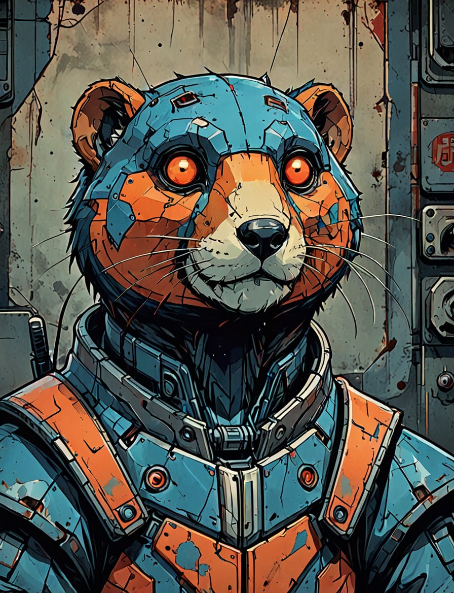 (close up, head and shoulders portrait:1.5), red, orange, blue gradient ,(anthropomorphic marmot biomechanical robot :1.5), (angular shapes:1.7), samurai, wearing samurai armor, (strong outline sketch style:1.5), symmetrical features, gritty fantasy, (darkest dungeon art style :1.4), dark muted background, detailed, Dark Manga of,Dark Anime of,comic book