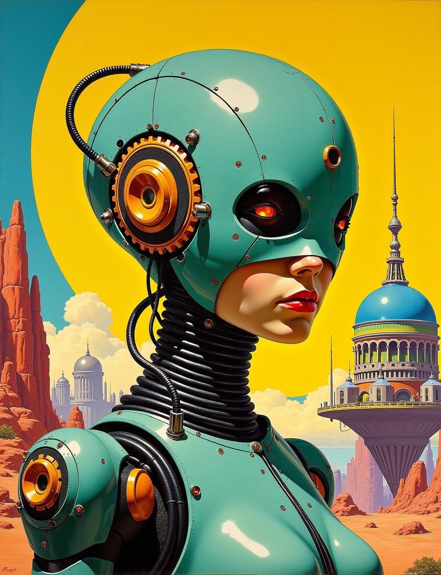 1950s retro sci-fi painting of a head and shoulders portrait,  a synthetic android warrior ,  wearing polycarbonate armor...
