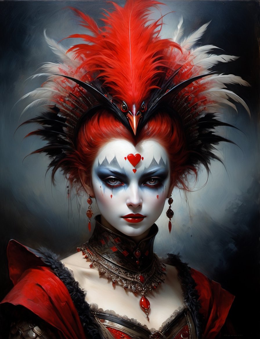 head and shoulders portrait,  anthropomorphic Hybrid bird alien queen of hearts animal oni,  wearing traditional clothing...