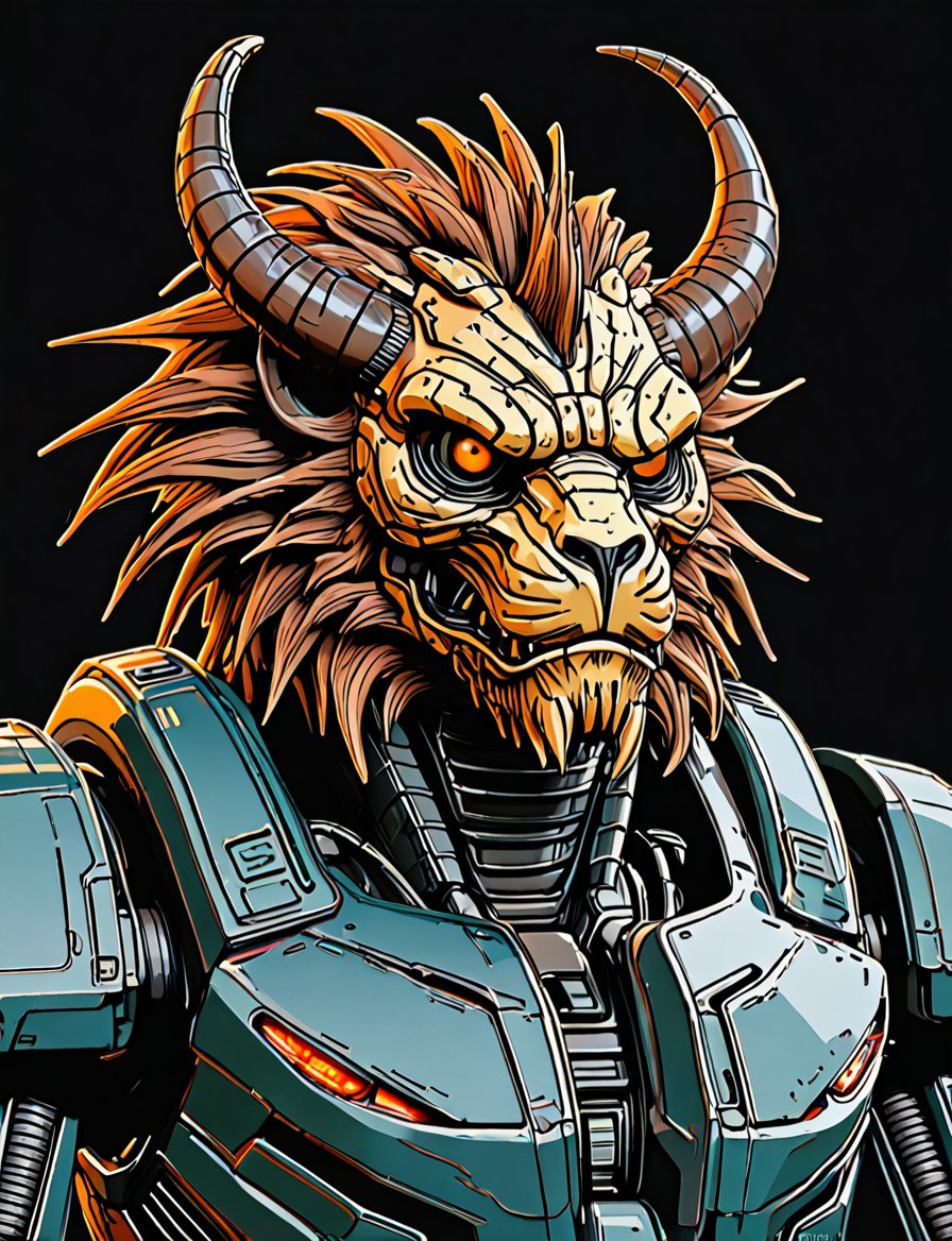 (close up, head and shoulders portrait:1.5), An extremely detailed 1970s retro-future anthropomorphic (terminator :1.2) (manticore :1.4) robot, centered, (strong outline sketch style:1.5), (flat silkscreen art style:1.9), (solid dark background:1.2), (retro color scheme), masterpiece, epic, by pascal blanche rutkowski repin artstation painting concept art of detailed character design matte painting, 4 k resolution blade runner, dark muted background, detailed, comic book,dcas_lora