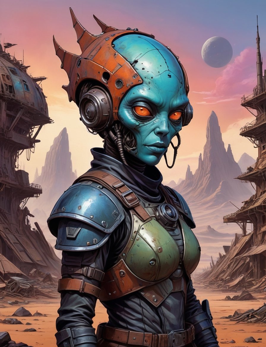 head and shoulders portrait,  A post-apocalyptic alien wearing a patched-together outfit in dystopian style,  casually lea...