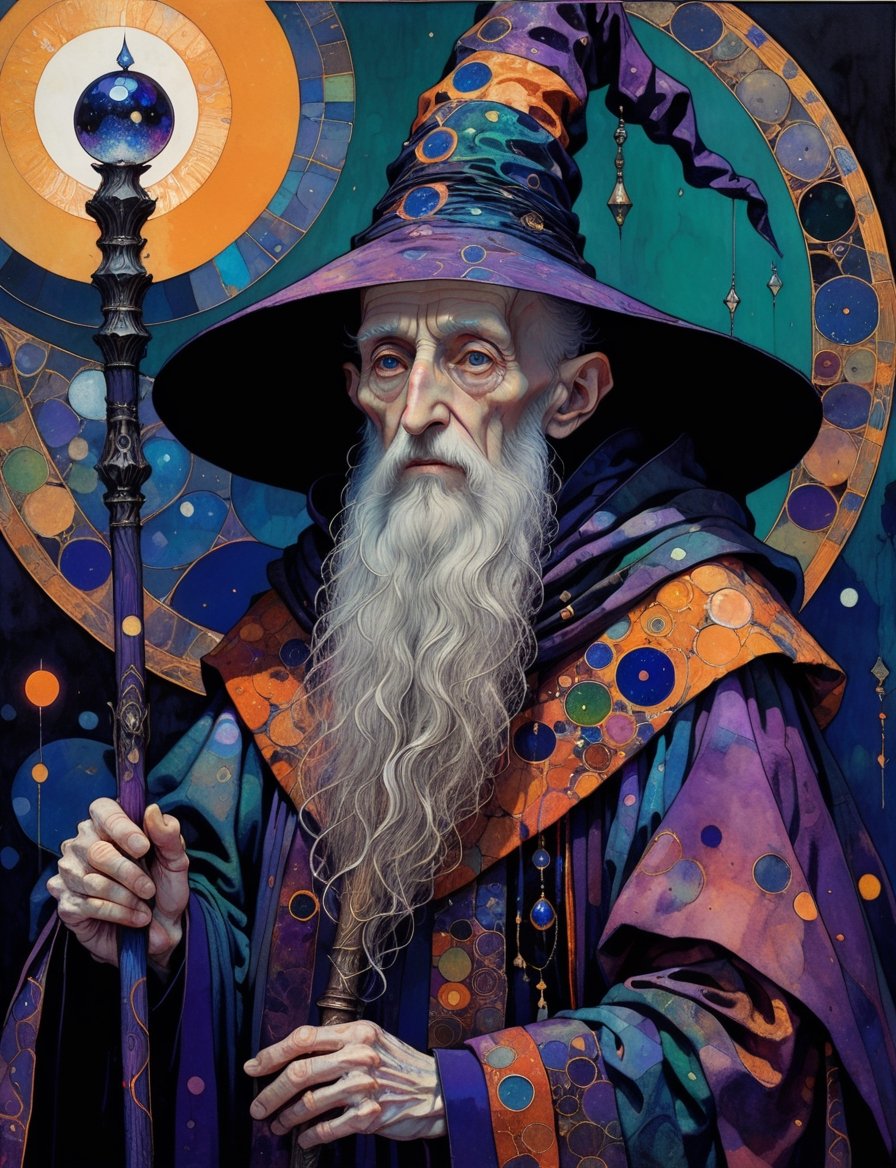 Painting close up of old wizard with a magic staff and robes,  in the style of harry clarke and gustav klimt,  triadic col...