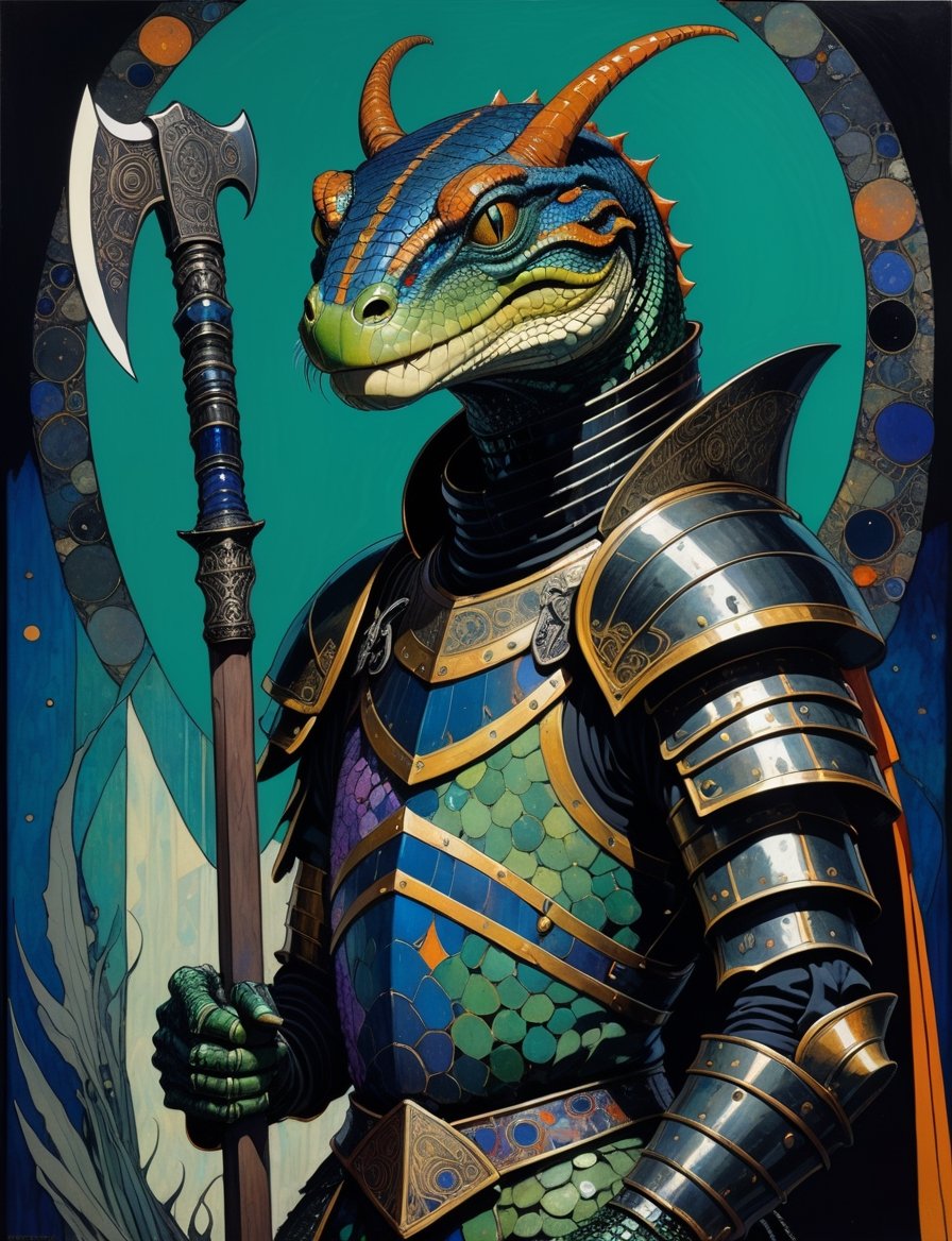 Painting of a anthropomorphic reptile warrior with a axe and armor,  in the style of harry clarke and gustav klimt,  analo...