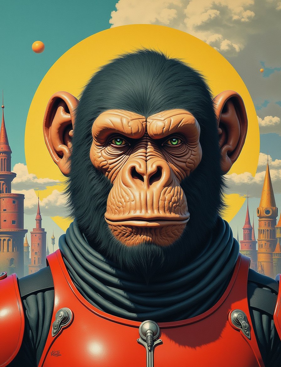 1950s retro sci-fi painting of a head and shoulders portrait,  male ,  a anthropomorphic ape robot bounty hunter by Crysta...