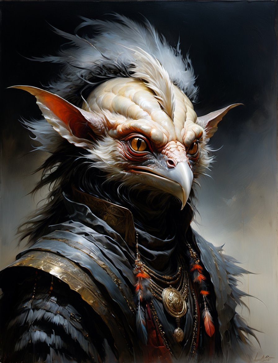 head and shoulders portrait,  anthropomorphic Hybrid bird alien goblin animal oni,  wearing traditional clothing by Crysta...