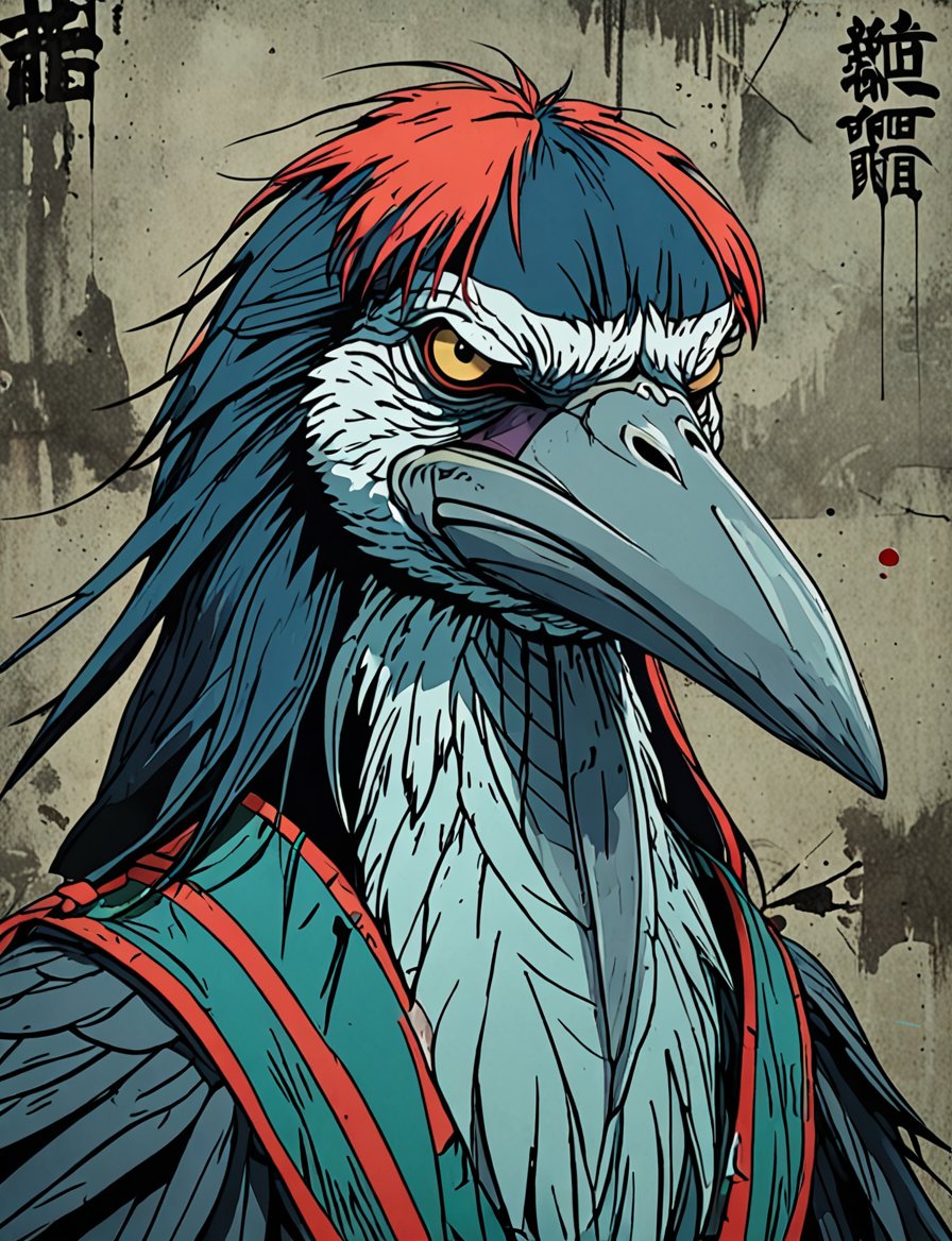 (close up, head and shoulders portrait:1.5), red, orange, green, teal, aqua, blue, violet gradient ,(anthromorphic shoebill :1.5), samurai, wearing samurai armor, (strong outline sketch style:1.5), symmetrical features, gritty fantasy, (darkest dungeon art style :1.4), dark muted background, detailed, one_piece_wano_style, Dark Manga of,anime screencap,Dark Anime of