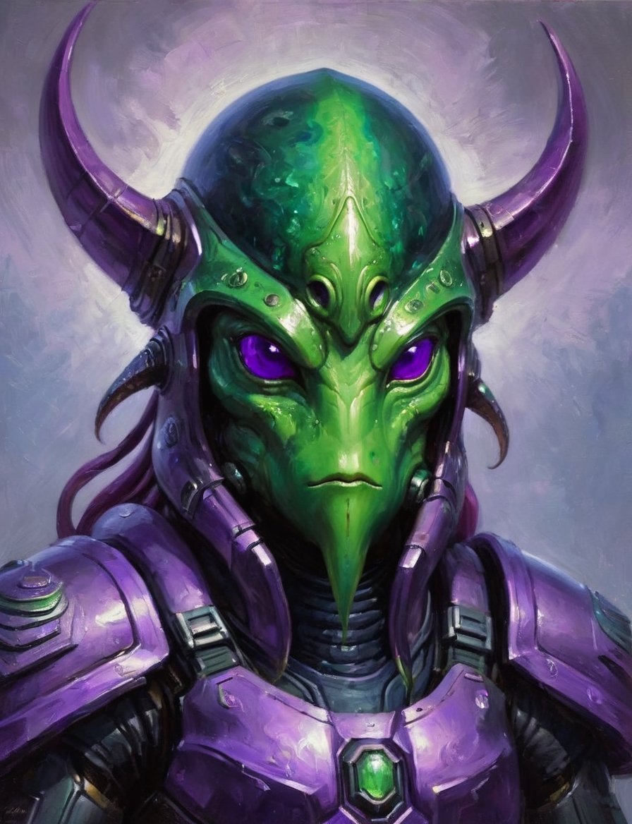head and shoulders portrait,  green squid alien in spartan violet power armor looking down on the viewer,  wide range of c...