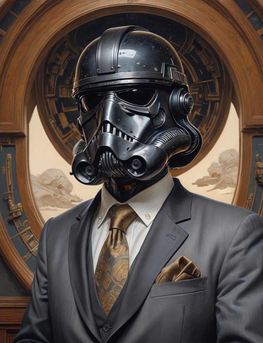 Star Wars imperial death trooper wearing a business suit,  head and shoulders portrait ,  hyper-detailed oil painting by C...
