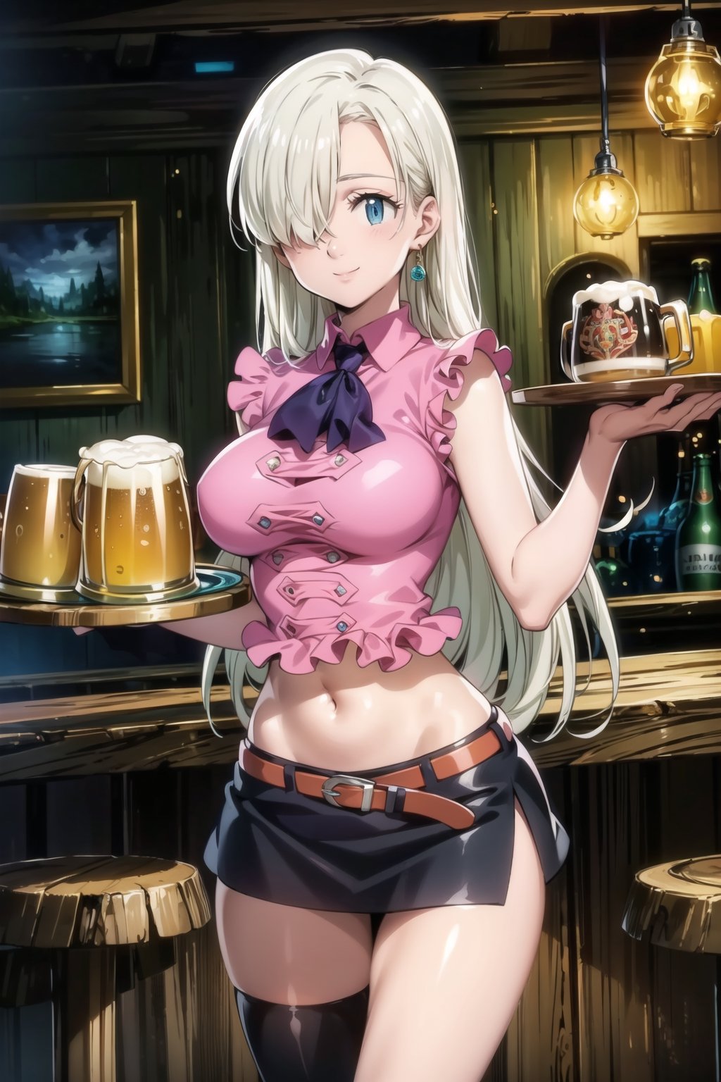 ((best quality)), ((highly detailed)), masterpiece, ((official art)), elizabeth, long hair, blue eyes, white hair, hair over one eye, long hair, single earring, seductive smile, bar, indoors holding tray, beer, beer mug, table, chair, large breasts, pink shirt, navel, belt, (black skirt), miniskirt, (single thighhigh), intricately detailed, hyperdetailed, blurry background, depth of field, best quality, masterpiece, intricate details, tonemapping, sharp focus, hyper detailed, trending on Artstation, 1 girl, high res, official art, naked