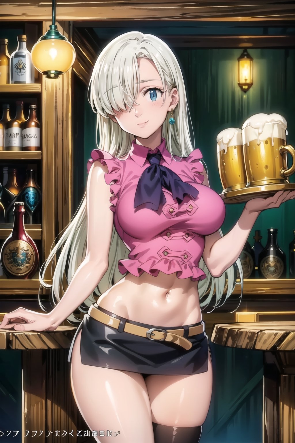 ((best quality)), ((highly detailed)), masterpiece, ((official art)), elizabeth, long hair, blue eyes, white hair, hair over one eye, long hair, single earring, seductive smile, bar, indoors holding tray, beer, beer mug, table, chair, large breasts, pink shirt, navel, belt, (black skirt), miniskirt, (single thighhigh), intricately detailed, hyperdetailed, blurry background, depth of field, best quality, masterpiece, intricate details, tonemapping, sharp focus, hyper detailed, trending on Artstation, 1 girl, high res, official art, naked