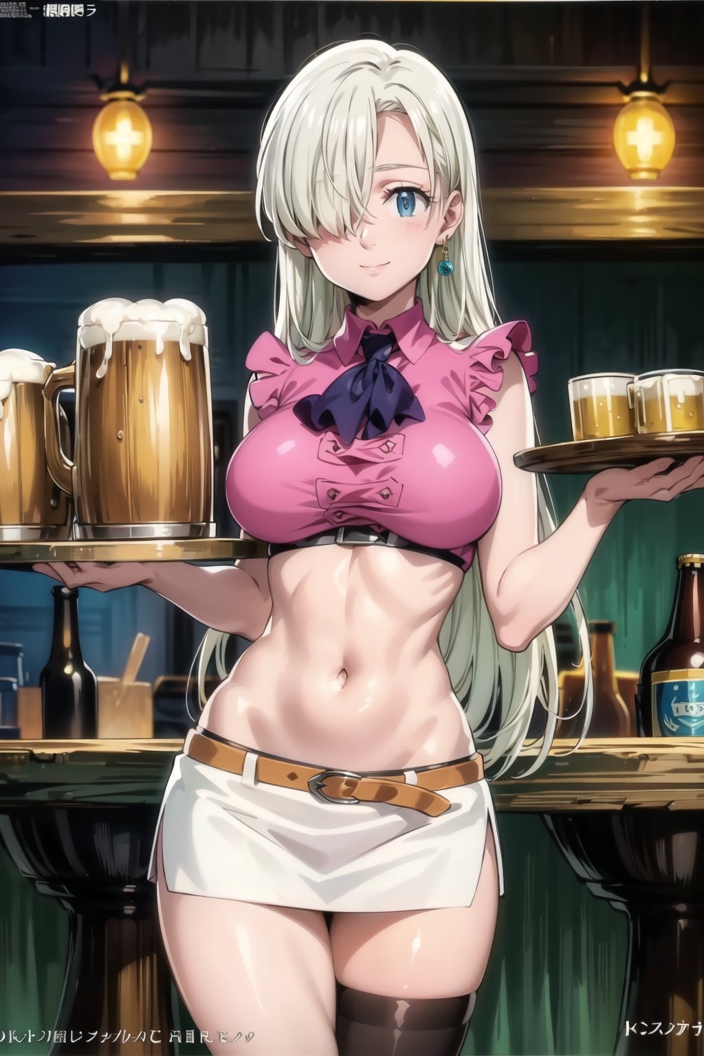 ((best quality)), ((highly detailed)), masterpiece, ((official art)), elizabeth, long hair, blue eyes, white hair, hair over one eye, long hair, single earring, seductive smile, bar, indoors holding tray, beer, beer mug, table, chair, large breasts, pink shirt, navel, belt, (black skirt), miniskirt, (single thighhigh), intricately detailed, hyperdetailed, blurry background, depth of field, best quality, masterpiece, intricate details, tonemapping, sharp focus, hyper detailed, trending on Artstation, 1 girl, high res, official art nude