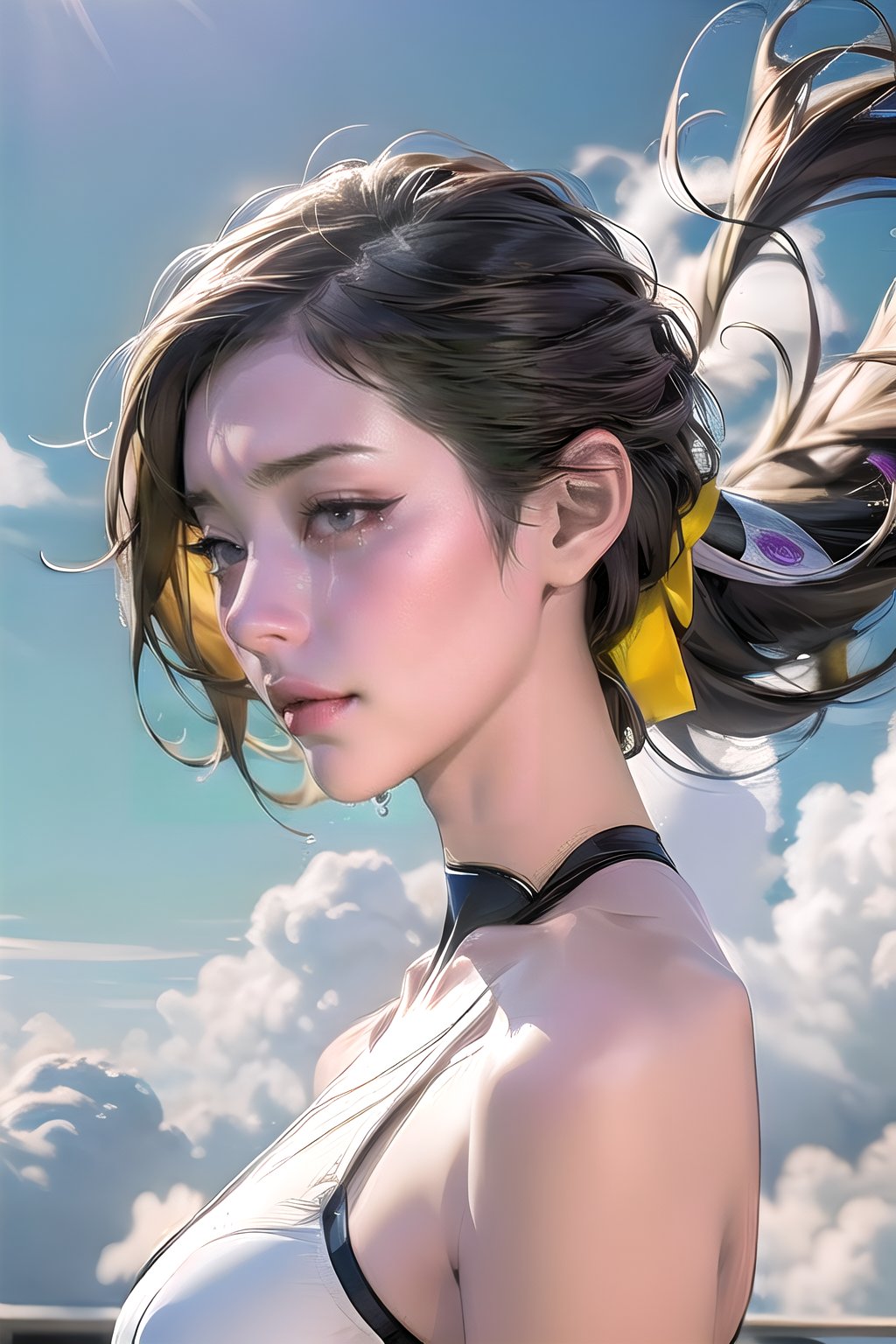 A front face beautiful girl crying floats among the clouds, the wind , many clouds