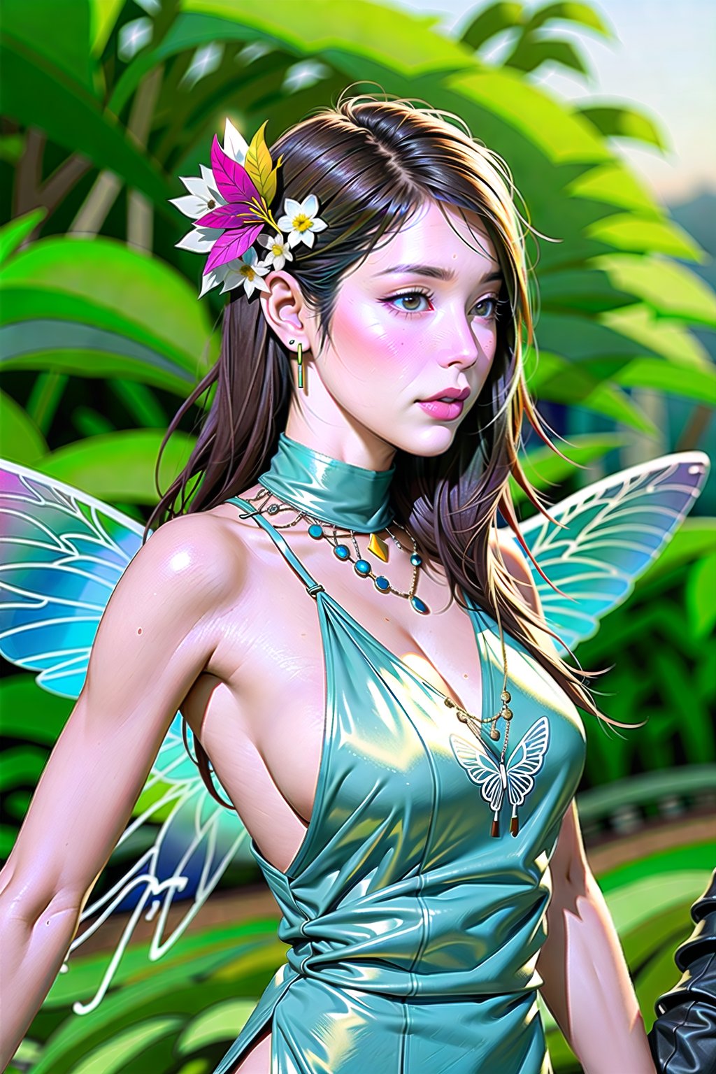 Realistic, wings, movie scene, 1girl, helmet, flower, armor, hair_flower, butterfly_wings, hair_ornament, knight, insect_wings, jewelry, 1boy, dress, fur_trim, fairy, full_armor, upper_body, blurry_background, blurry, looking_at_another, shoulder_armor, necklace, from_side, holding_hands