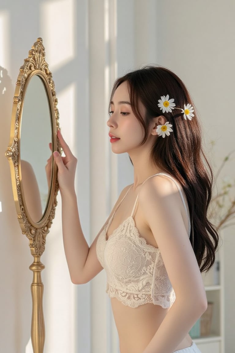 A young woman with long dark hair stares intently at her reflection in an ornately decorated golden mirror,  which sits on...
