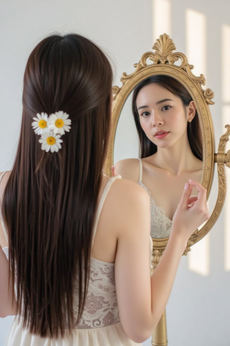 A young woman with long dark hair stares intently at her reflection in an ornately decorated golden mirror,  which sits on...