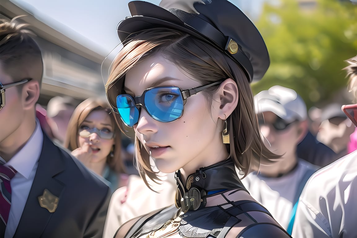 steampunk, hat, brown_hair, looking_at_viewer, jewelry, earrings, goggles, outdoors, multiple_girls, multiple_boys, aircraft, blurry, dress, lips, mole, realistic, blue_eyes, solo_focus, sky, 2girls, crowd, goggles_on_headwear