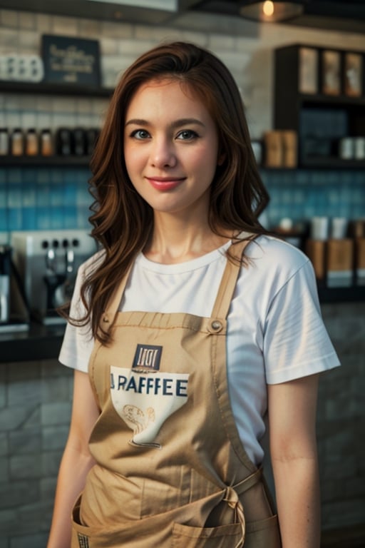 A beautiful blonde barista, 40-year old European girl, amazingly beautiful, (symmetrical pale blue eyes), smiling, perfect teeth, (pale white skin:1.2), (long blonde hair:1.3), wearing (white t-shirt, apron), detailed beautiful face and eyes, natural skin texture, detailed skin texture, 8k, best quality, photo-realistic, ultra realistic, hyperdetailed, (coffee shop), soft lighting,wul4n,detail,perfecteyes