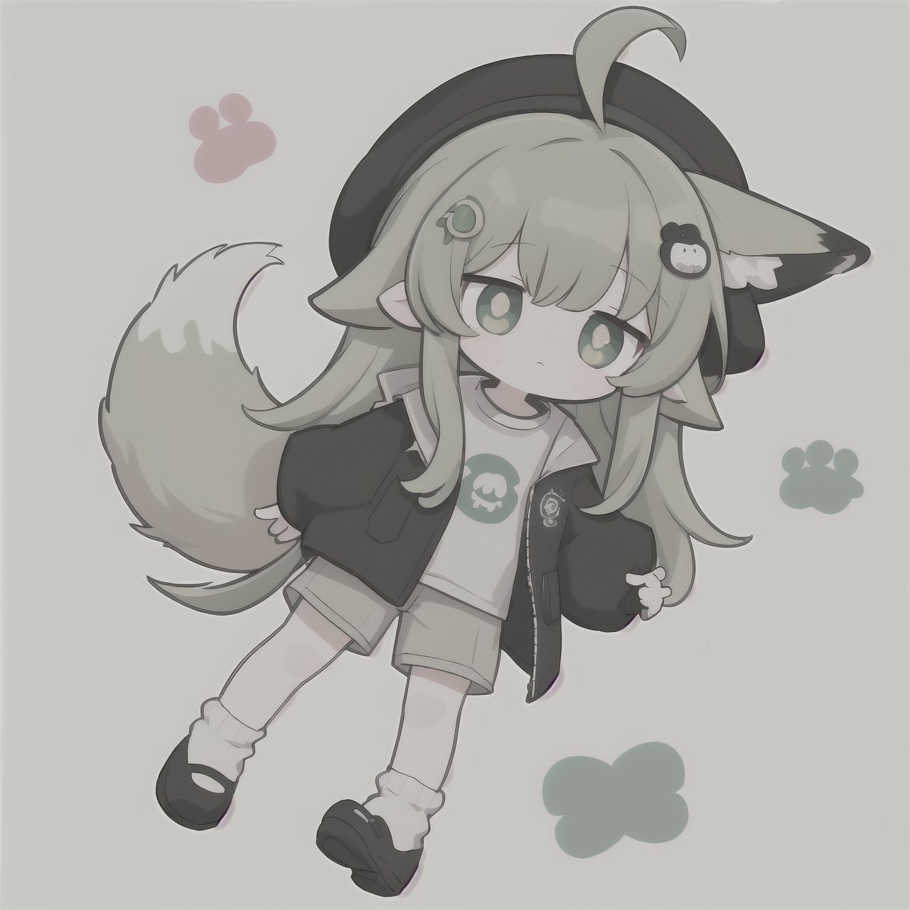 masterpiece, best quality, LONG_HAIR, GREEN_EYES, SYMBOL-SHAPED PUPILS, WHITE_PUPILS, BLACK_JACKET, SLEEVELESS_JACKET, AHOGE, WHITE_SOCKS, LOOSE_SOCKS, LONG_SLEEVES, SHIRT, HAIR_ORNAMENT, GREY_SHORTS, BLACK_HEADWEAR, EARS_DOWN, FOX_EARS, FOX_TAIL, ANIMAL_EARS, GREEN_TAIL, ,best quality, 