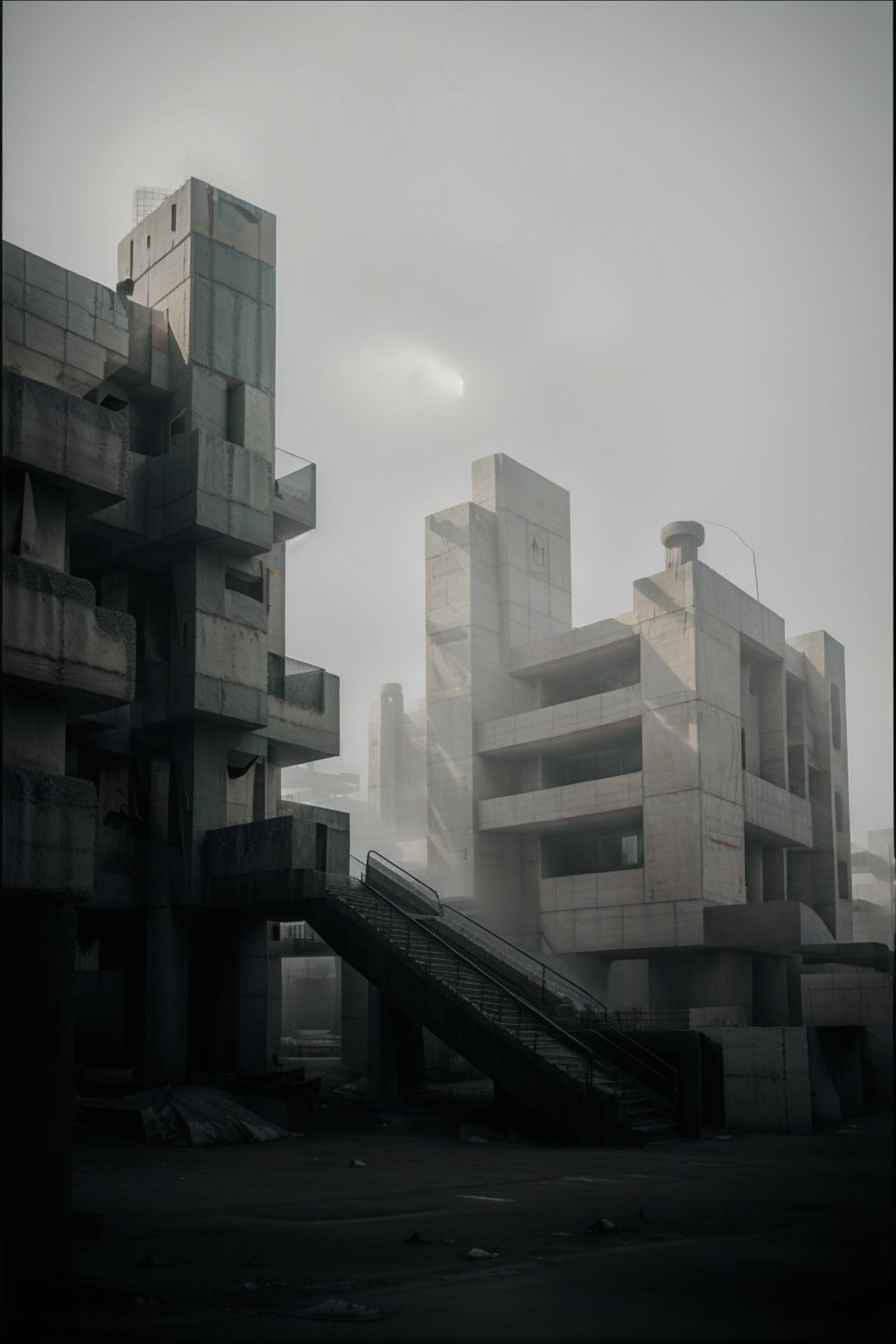 A desert kind of landscape, with a Brutalism Building with staircases and ramps, the air is full of dust, foggy, very gloomy atmosphere, scary atmosphere, greenish tint