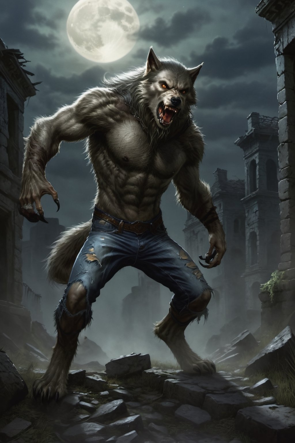 A female werewolf,  wearing jeans,  running by Schelo on Tensor.Art