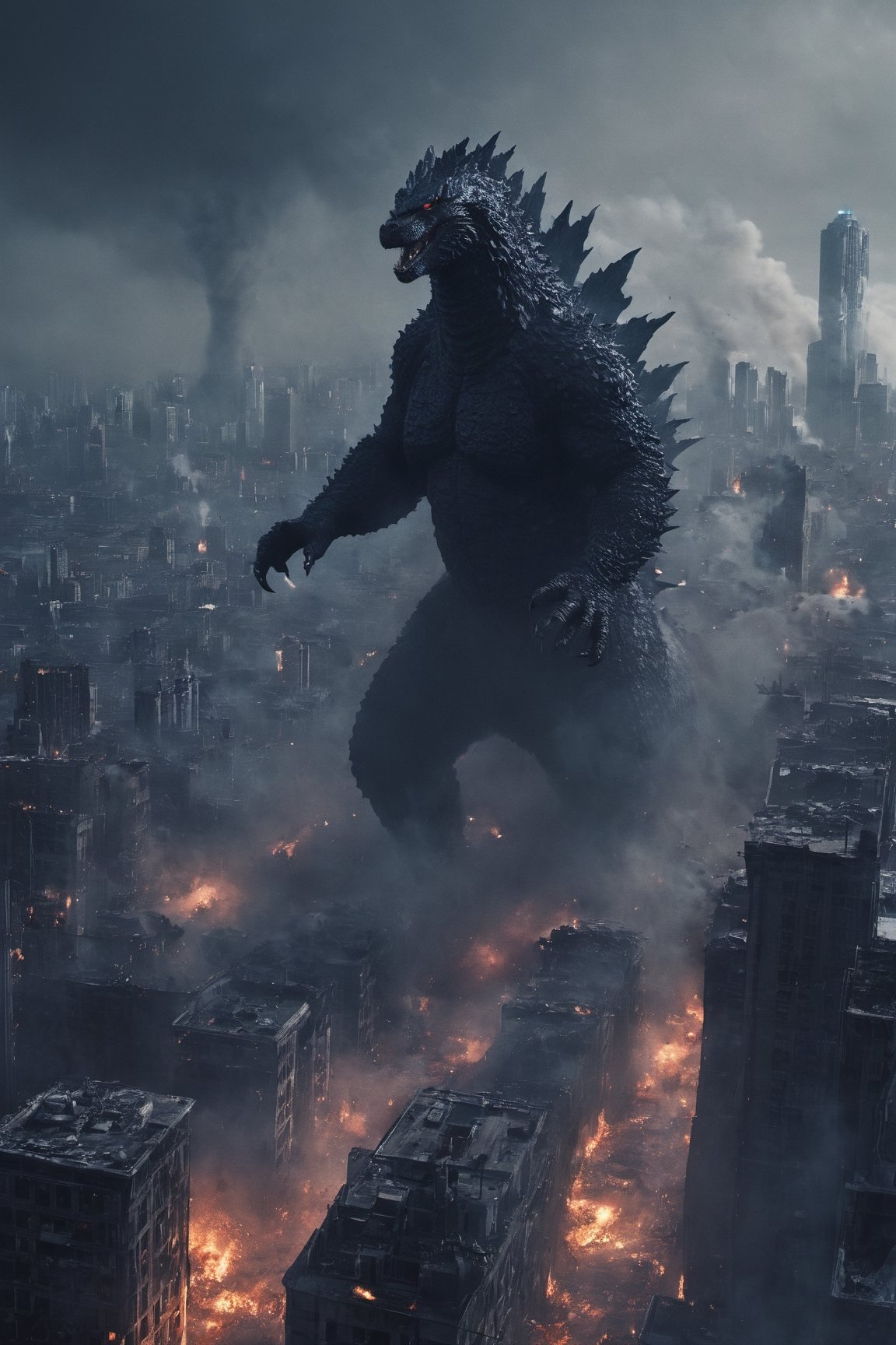 Godzilla destroying a huge city,  humans in panick. Explosions,  debris by Schelo on Tensor.Art