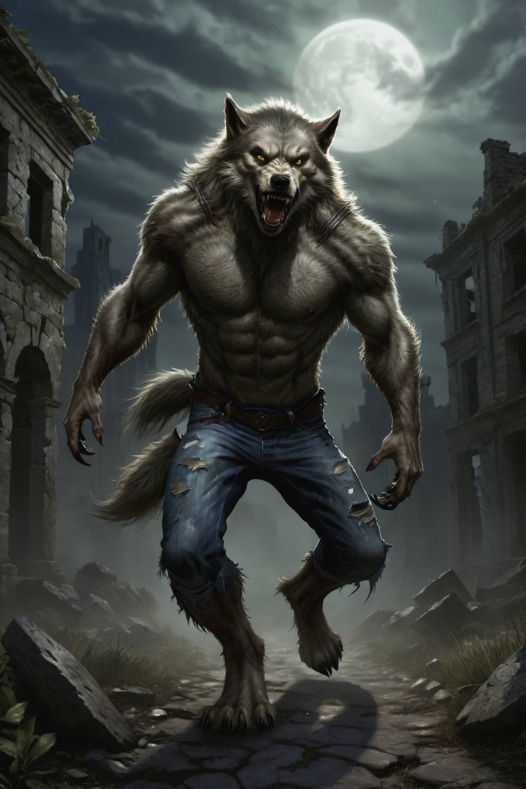 A female werewolf,  wearing jeans,  running by Schelo on Tensor.Art
