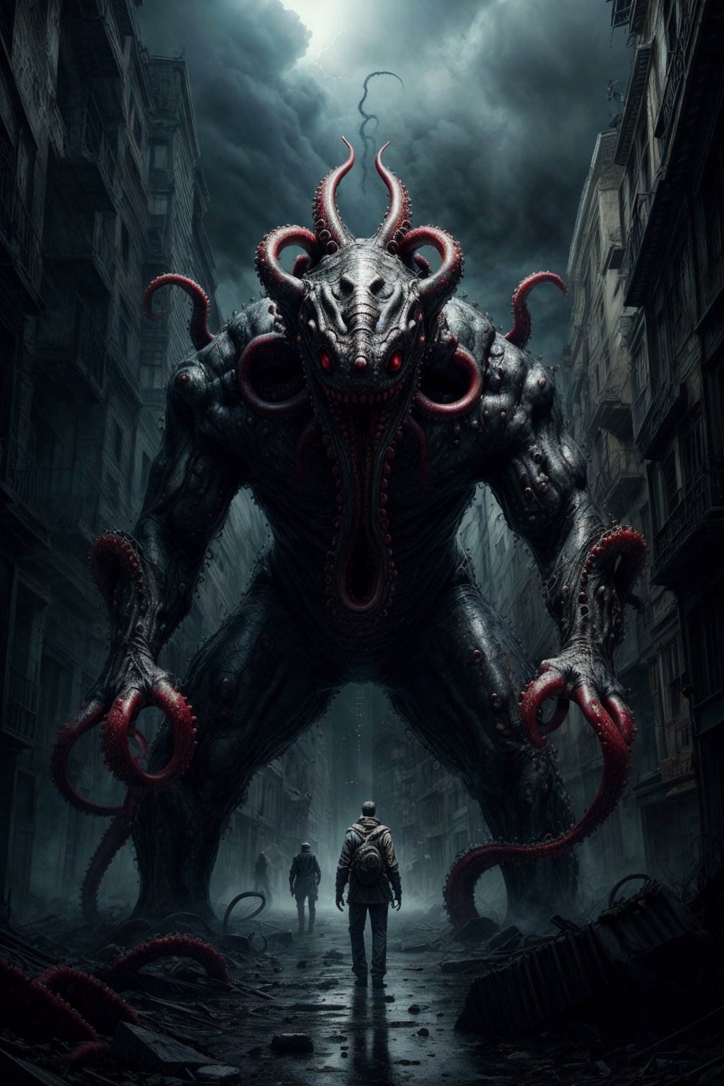 masterpiece, ultra photoreal, cinematic shading Lovecraftian monster with tentacles standing in an apocalyptic cityscape surrounded by several human shapes, eerie atmosphere, scary atmosphere, gloomy, hyper-detailed, photorealistic  