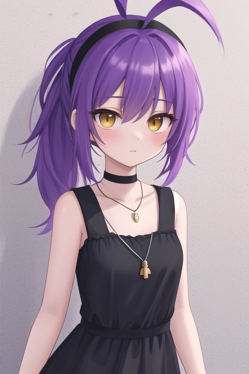 purple hair,single_ponytail,long_ponytail, ahoge, yellow_eye, black hairband, black_dress, necklace,no choker,black straps,<lora:659111690174031528:1.0>