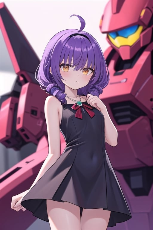 purple hair,single_ponytail,long_ponytail, ahoge, yellow_eye, black hairband, black_dress, necklace,no choker,black straps,girly pose,negative space,<lora:659111690174031528:1.0>