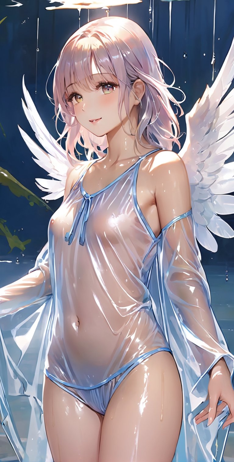  angel with wings wearing very transparent wet clothes