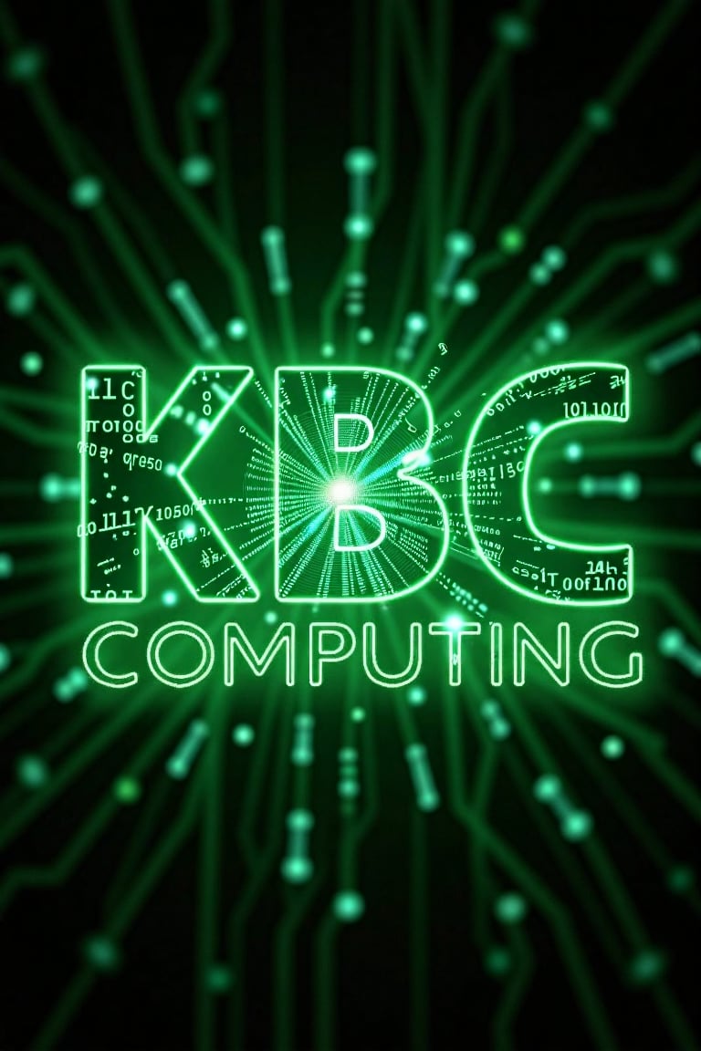 Vibrant digital logo featuring a stylized 'KBC COMPUTING' in bold, green neon-like letters with swirling tensor-inspired patterns and frangipani in the background. The text is set against a dark dark-light green gradient, with glowing white highlights that resemble circuit board components. In the center, a mesmerizing vortex of 1s and 0s appears to pulse with energy.