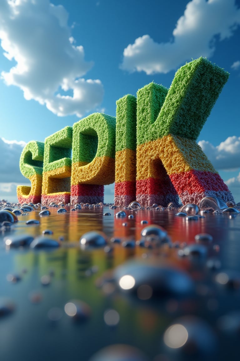 (Render colours-Green, yellow, red 3D text that reads, SEPIK), under a blue sky and white clouds, so many dew drops on the text, clouds, HD photography, close-up, beautifully composed, super sharp, lots of detail, 8k, cinematic lighting, exotic realism, hyper ornate details, bokeh, light leaks, lens flares, low key photograph, backlighting, close up