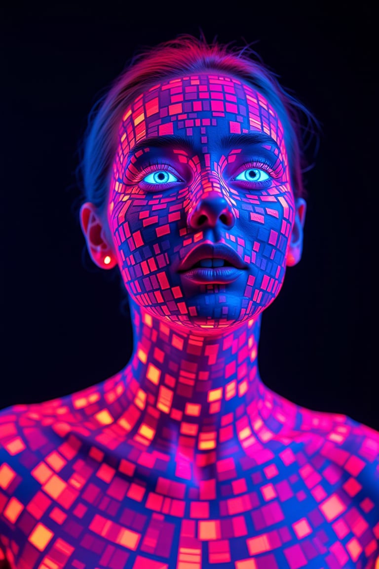 A vivid neon explosion of glowing squares, geometric patterns and sharp lines that form the portrait of a futuristic woman, visually striking and dynamic, dark background, sharp focus, crisp quality, HD, DOF, 4k, intricate detail, dynamic composition, beautiful lighting