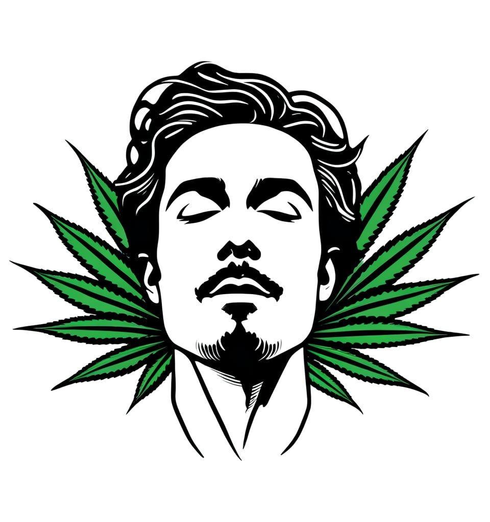 Male stunning face, marijuana leaves, minimalistic, black ink, calligraphic lines,vector art illustration