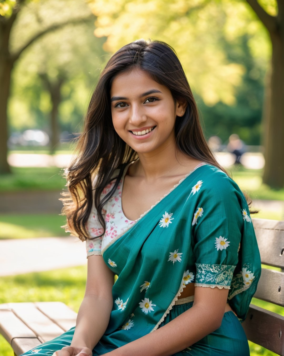 photograph captured with a Sony α7 III camera, equipped with an 85mm lens at F 1.2 aperture setting, portraying a 20 year young indian girl sitting on a wooden bench in a sunlit park.cute smile on face . Real exprasion . Makup face .girl wearing indian saree dress .The background is beautifully blurred, highlighting the subject. The park is adorned with lush greenery and blooming flowers, creating a serene atmosphere. Soft sunlight gracefully illuminates the subject’s face and hair, casting a dreamlike glow. The image, captures the subject’s natural beauty and personality with stunning realism –ar  –v 5.2 –style raw, 