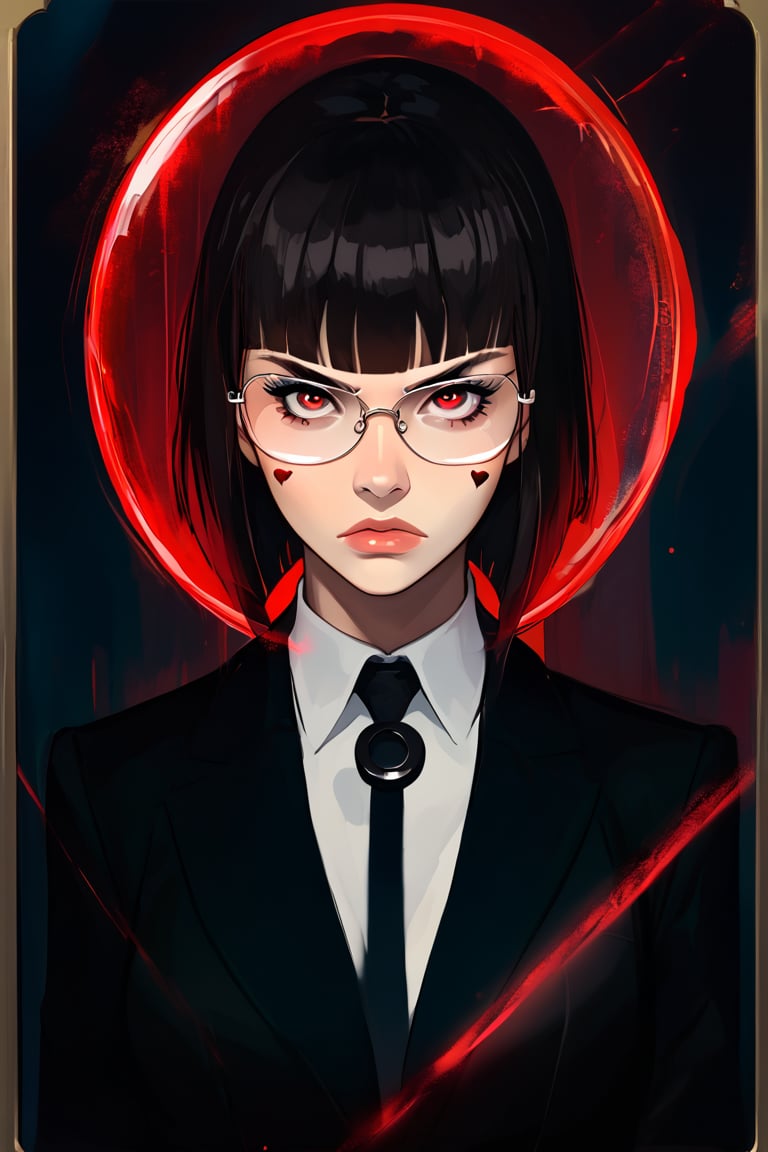 (comic book style) , A pen and ink style expressionism painting. Portrait of a female detective scowling into a magnifying glass. The glass is crystal clear, showing a water portal through the glass. The detective is wearing a black suit that emanates her shadowy figure.  (((fringe))) fringe, glasses. ((scorned red eyes)) black short hair, heart facial mark, fishnet pantyhose