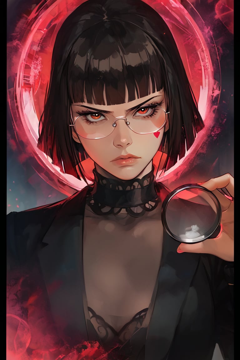 (comic book style) , A pen and ink style expressionism painting. Portrait of a female detective scowling into a magnifying glass. The glass is crystal clear, showing a water portal through the glass. The detective is wearing a black suit that emanates her shadowy figure.  (((fringe))) fringe, glasses. ((scorned red eyes)) black short hair, heart facial mark, fishnet pantyhose